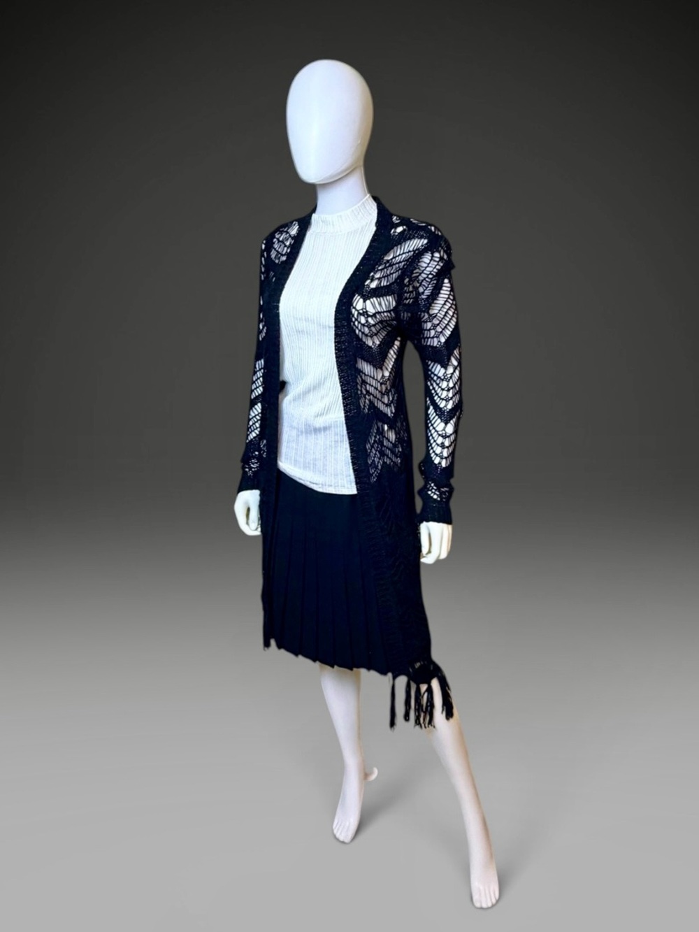 Black Open Knit Chevron Fringe Longline Cardigan Sweater, Size L
